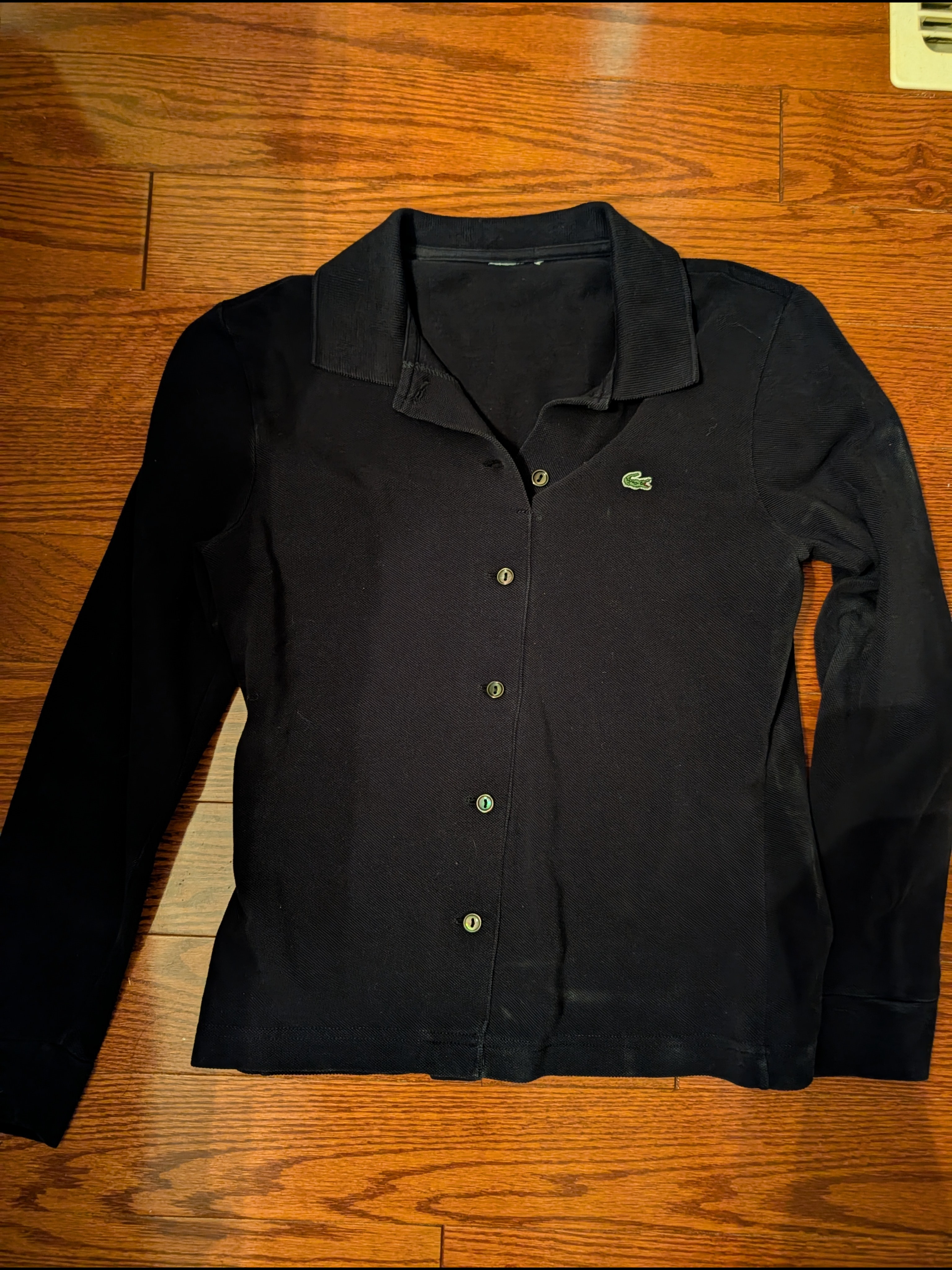 Lacoste Black Long-Sleeve Button-Front Polo Shirt With Green Croc